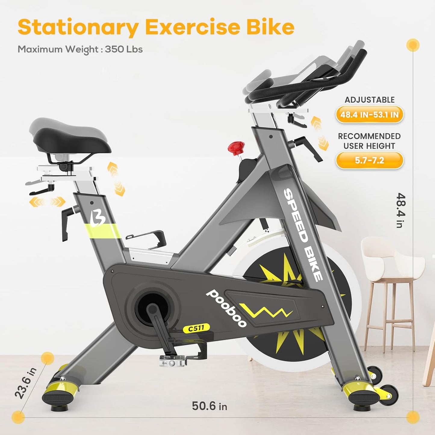 Exercise Bike,Indoor Cycling Bike Stationary,Exercise Bike 330 Lbs Weight Capacity,Stationary Bike with Rate Monitor & LCD Monitor, Comfortable Seat Cushion, Heavy Flywheel Yellow Black