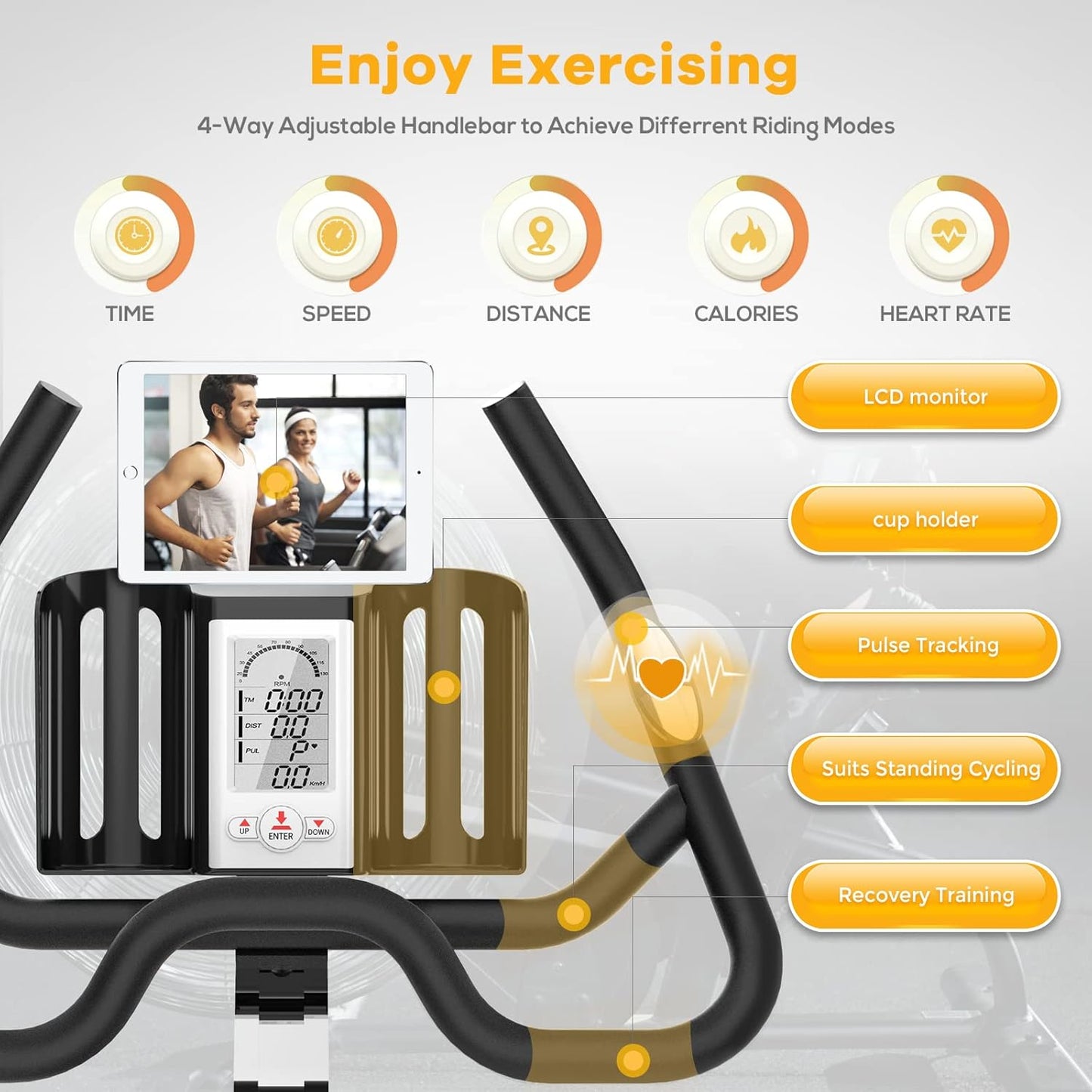 Exercise Bike,Indoor Cycling Bike Stationary,Exercise Bike 330 Lbs Weight Capacity,Stationary Bike with Rate Monitor & LCD Monitor, Comfortable Seat Cushion, Heavy Flywheel Yellow Black
