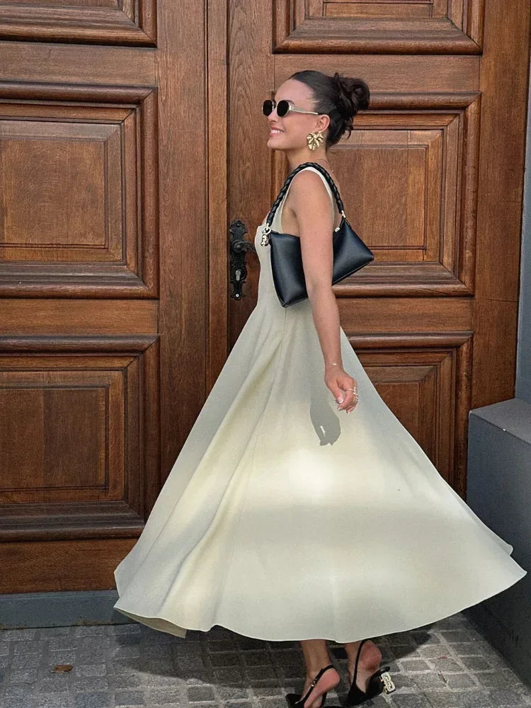 Square Neck Sleeveless Sling Maxi Dress, Sexy Backless Slim High Waist Evening Gowns