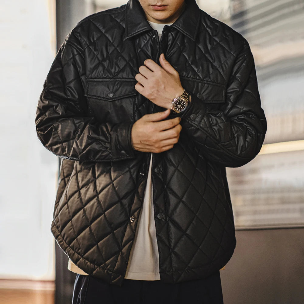 Retro Quilted Diamond Grid Jacket Loose Fit Cotton-Padded Coat Collar Warm Versatile Men'S Outerwear for Autumn and Winter