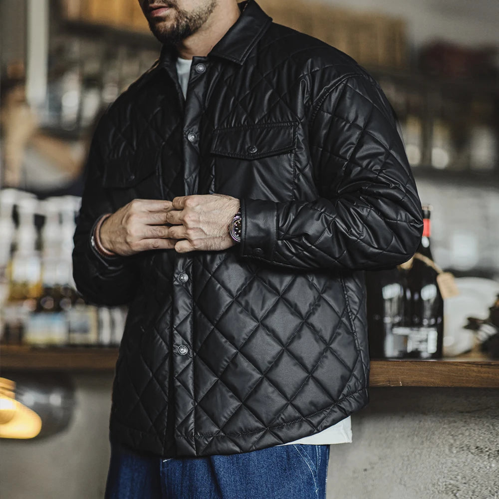 Retro Quilted Diamond Grid Jacket Loose Fit Cotton-Padded Coat Collar Warm Versatile Men'S Outerwear for Autumn and Winter