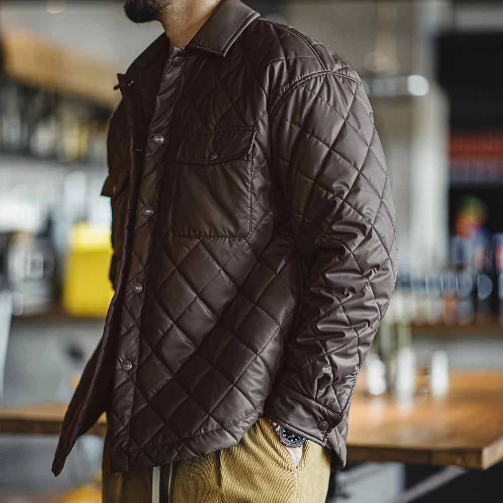 Retro Quilted Diamond Grid Jacket Loose Fit Cotton-Padded Coat Collar Warm Versatile Men'S Outerwear for Autumn and Winter