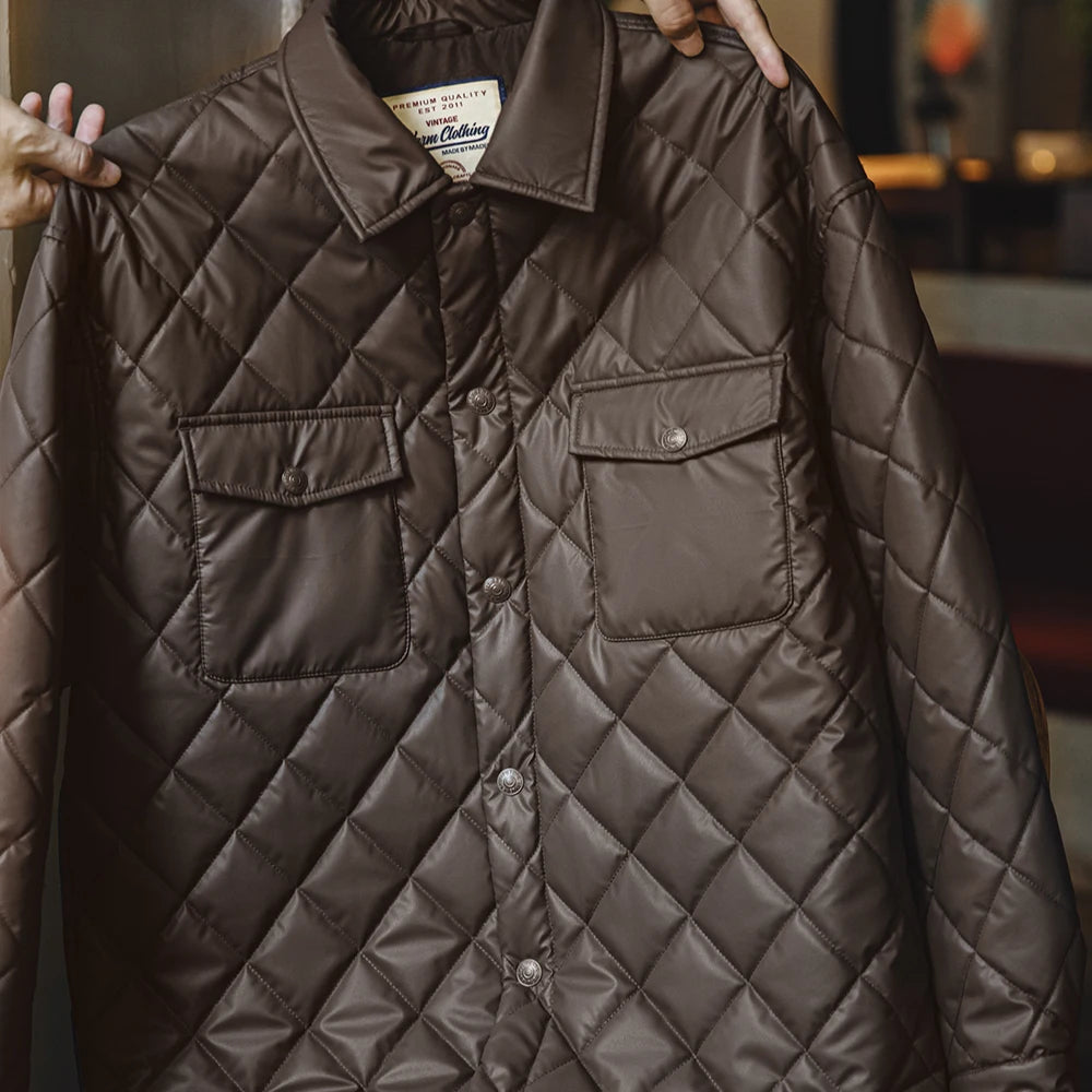 Retro Quilted Diamond Grid Jacket Loose Fit Cotton-Padded Coat Collar Warm Versatile Men'S Outerwear for Autumn and Winter