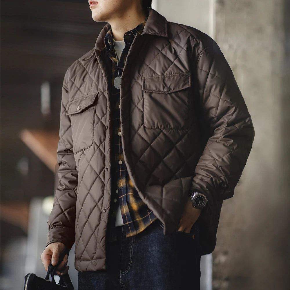 Retro Quilted Diamond Grid Jacket Loose Fit Cotton-Padded Coat Collar Warm Versatile Men'S Outerwear for Autumn and Winter