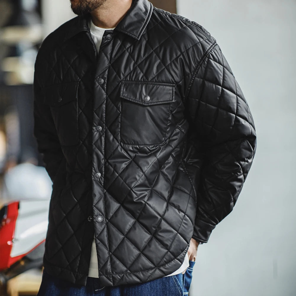 Retro Quilted Diamond Grid Jacket Loose Fit Cotton-Padded Coat Collar Warm Versatile Men'S Outerwear for Autumn and Winter