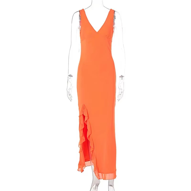 Elegant Pink V-Neck Sleeveless Maxi Dress – High Waist, Ruffle Slit | Summer Party Dress