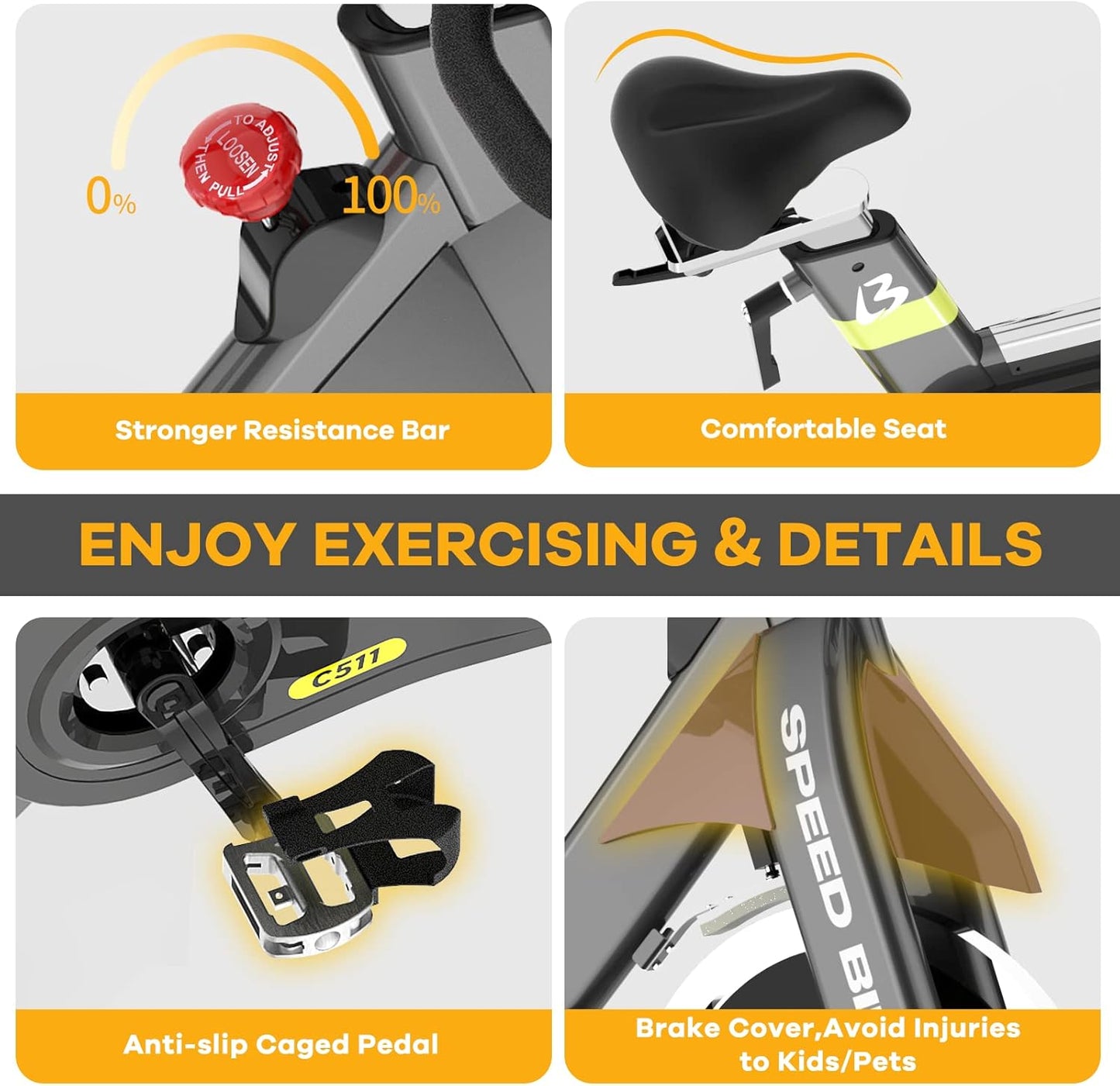 Exercise Bike,Indoor Cycling Bike Stationary,Exercise Bike 330 Lbs Weight Capacity,Stationary Bike with Rate Monitor & LCD Monitor, Comfortable Seat Cushion, Heavy Flywheel Yellow Black