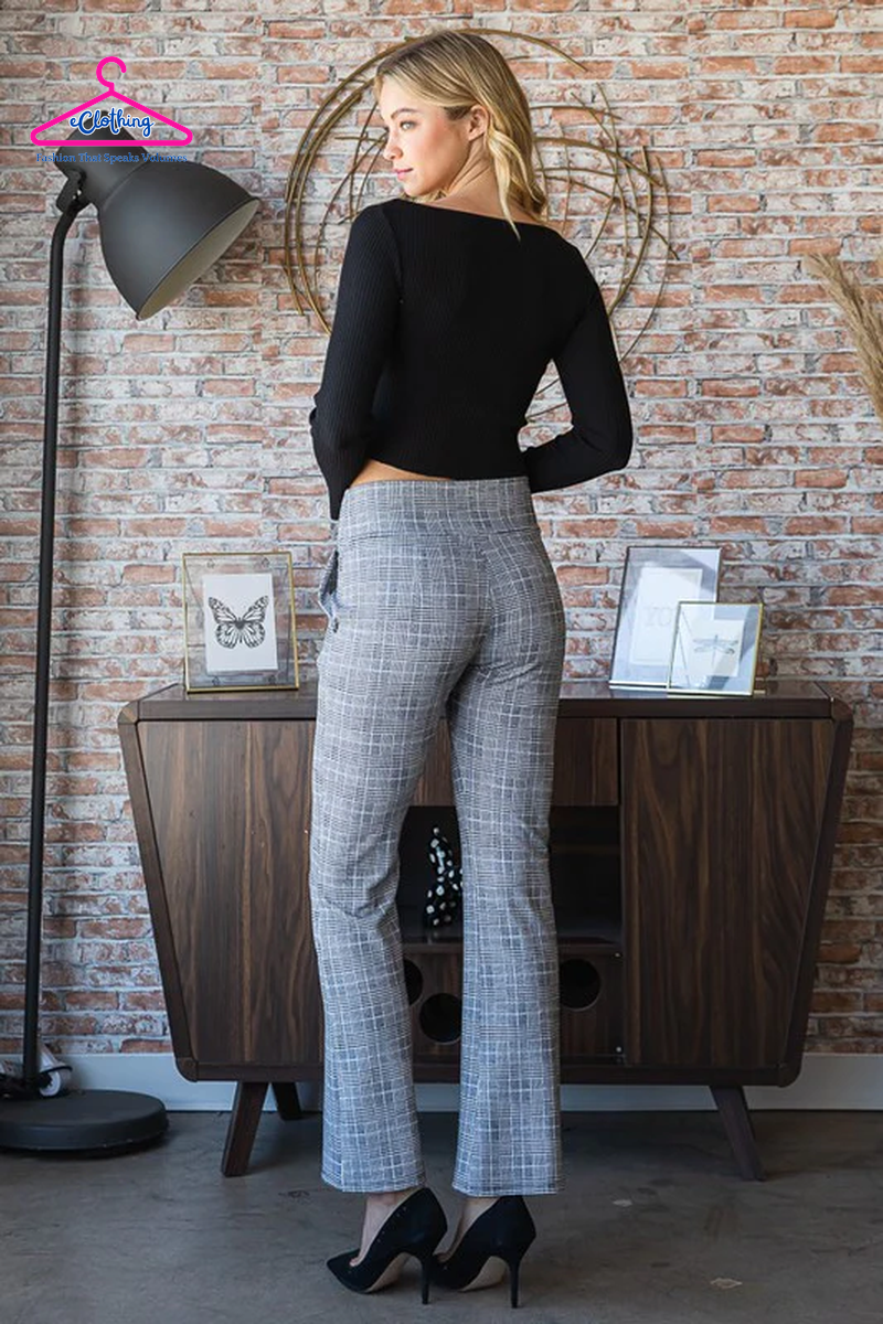 Plaid Flare Pants with Wide Waist Band