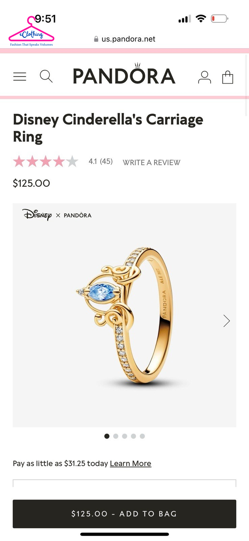 *BRAND NEW* Pandora Disney Cinderella'S Carriage 14K Gold Plated Ring 163059C01