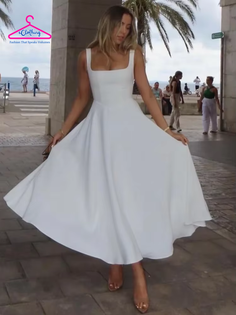 Square Neck Sleeveless Sling Maxi Dress, Sexy Backless Slim High Waist Evening Gowns