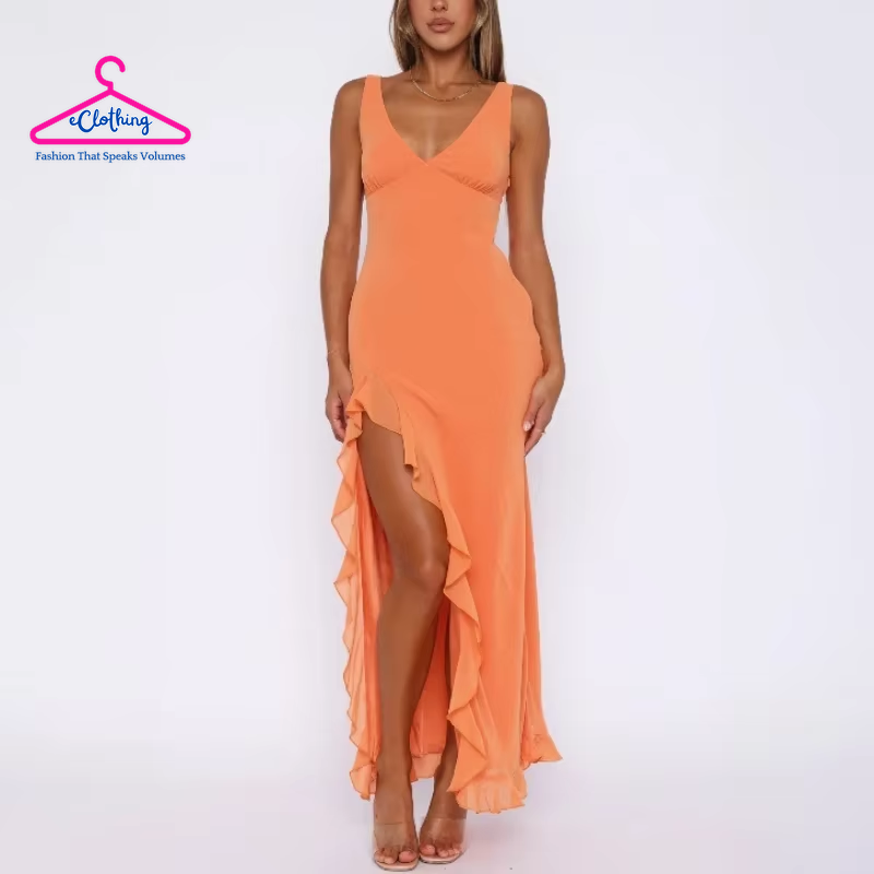 Elegant Pink V-Neck Sleeveless Maxi Dress – High Waist, Ruffle Slit | Summer Party Dress