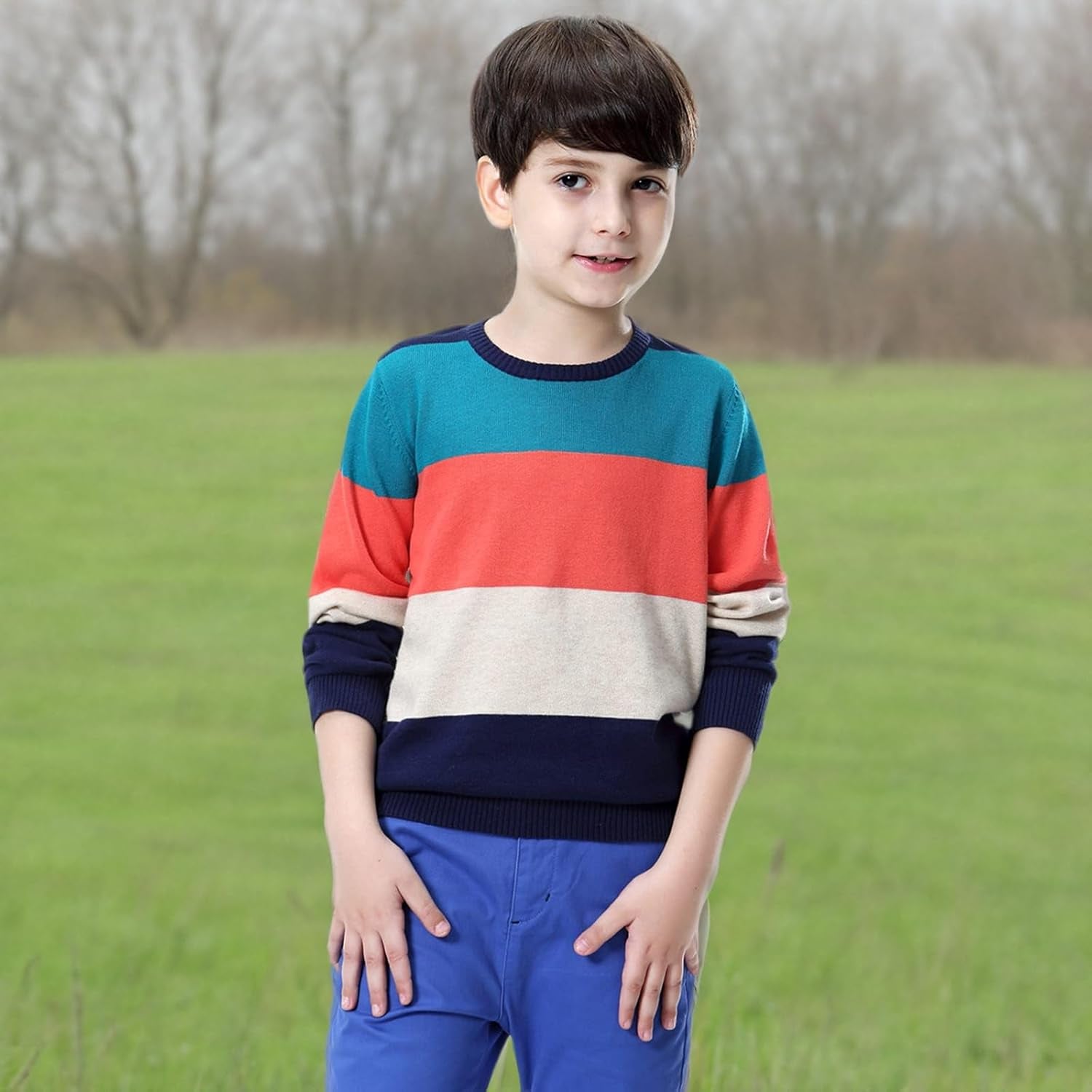 Boys' Long Sleeve Sweater Pullover 100% Cotton Multicolor Stripe Sweaters