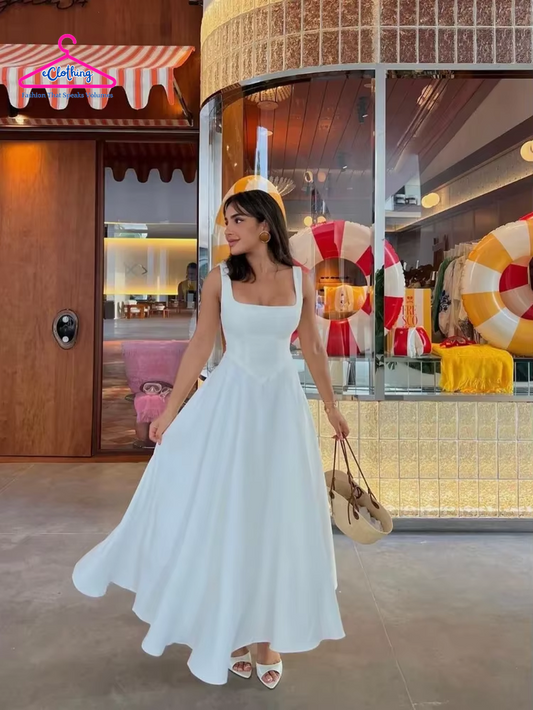 Square Neck Sleeveless Sling Maxi Dress, Sexy Backless Slim High Waist Evening Gowns