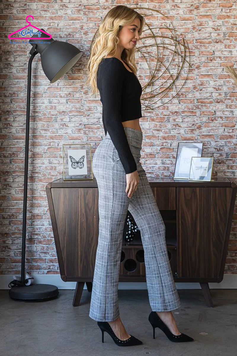 Plaid Flare Pants with Wide Waist Band