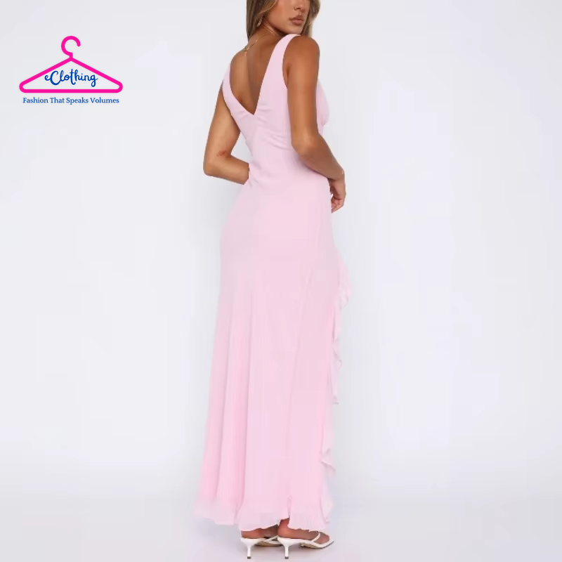Elegant Pink V-Neck Sleeveless Maxi Dress – High Waist, Ruffle Slit | Summer Party Dress